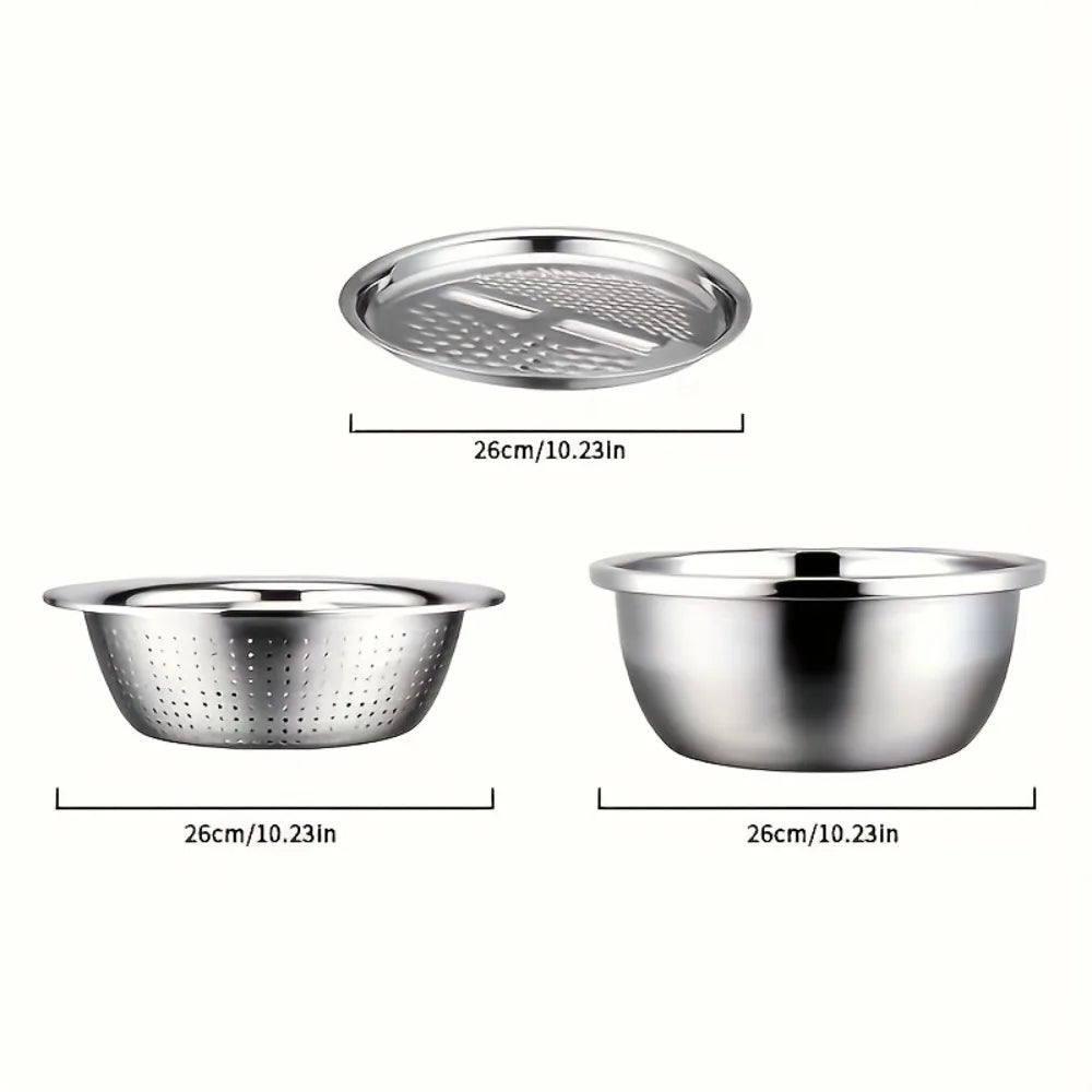 3-Piece Stainless Steel Strainer & Mixing Bowl Set – Multifunctional Fruit & Vegetable Washer and Slicer