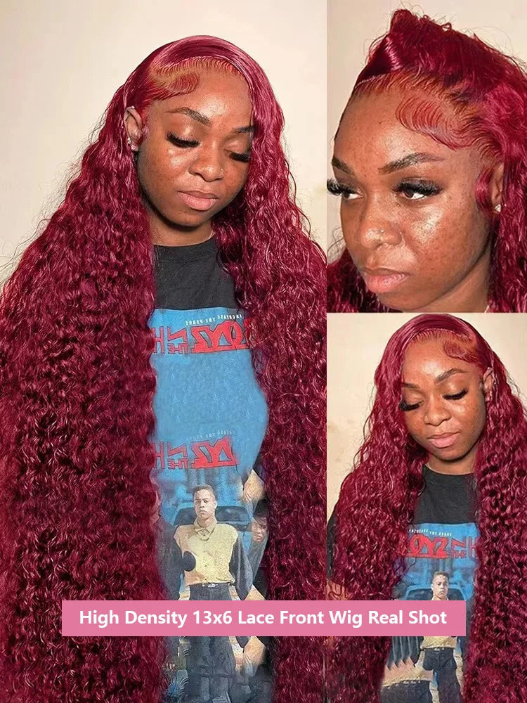 99J Burgundy Deep Wave Lace Front Wig – High Density Curly Red 13x6 HD Transparent Frontal Human Hair