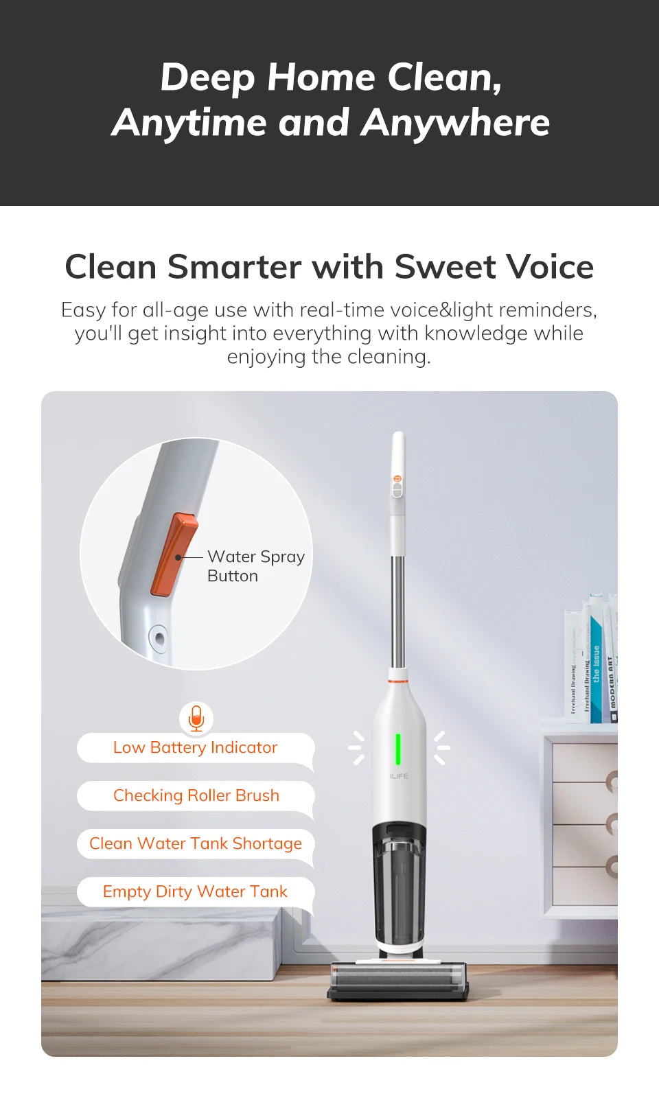 ILIFE W90 Cordless Wet Dry Smart Mop – 5500Pa Suction, Self-Cleaning in 1 Minute, Large Dual Water Tank