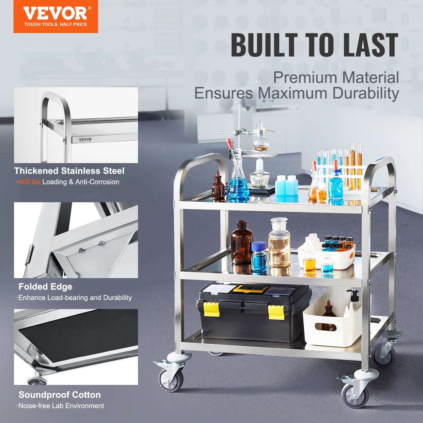 VEVOR Stainless Steel Lab Utility Cart – 1/2/3 Tier Medical & Kitchen Cart with Lockable Wheels