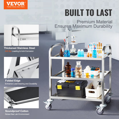 VEVOR Stainless Steel Lab Utility Cart – 1/2/3 Tier Medical & Kitchen Cart with Lockable Wheels