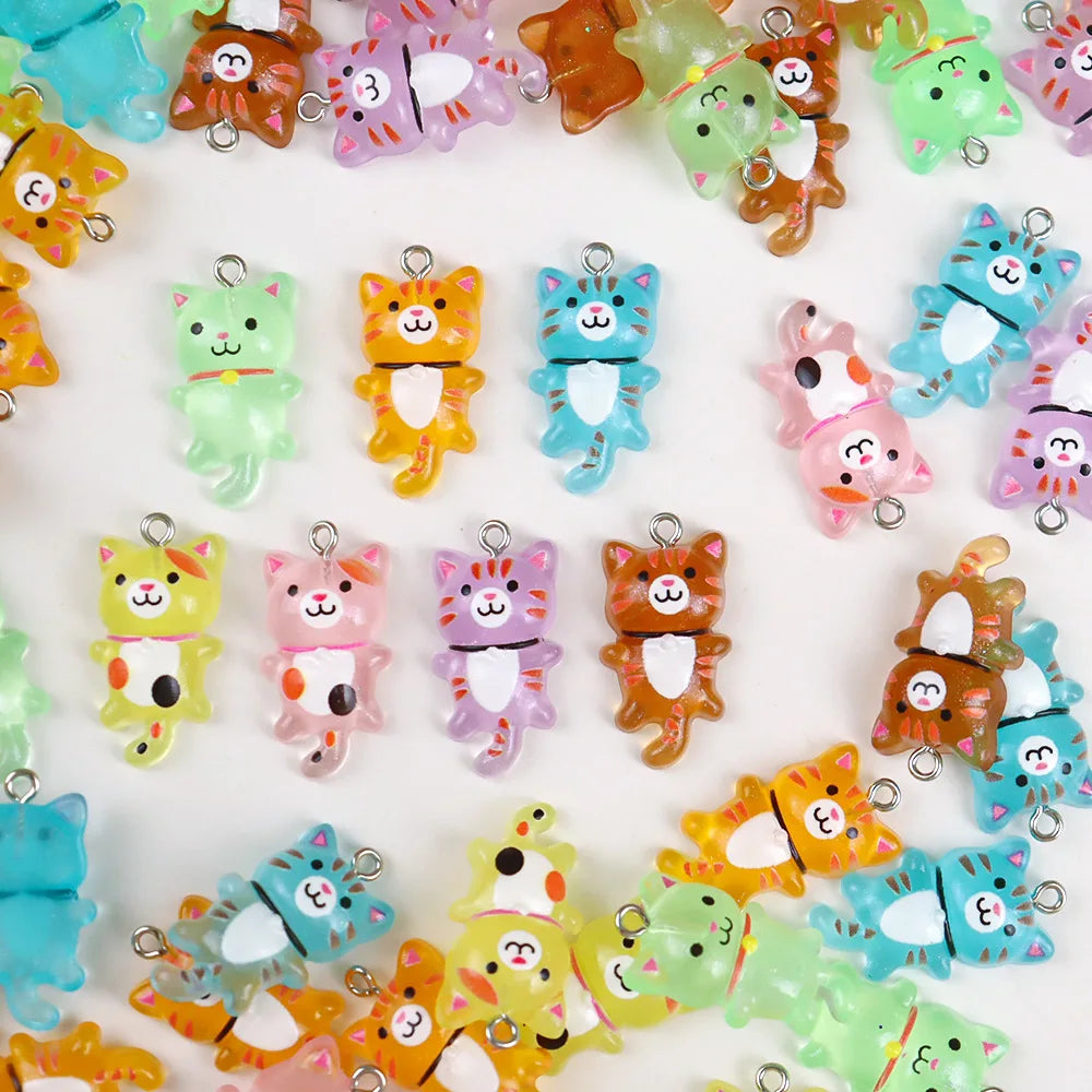 Cartoon Cat Resin Charms - 10-Piece 3D Luminous Animal Pendants for DIY Bracelets & Necklaces