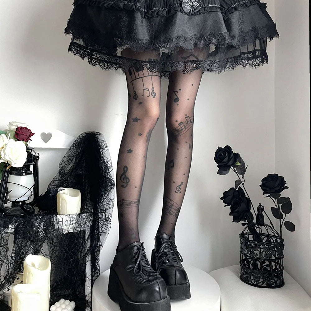 Musical Note Black Tights - Y2K Lolita Printed Stockings for Women, Party & Club Pantyhose