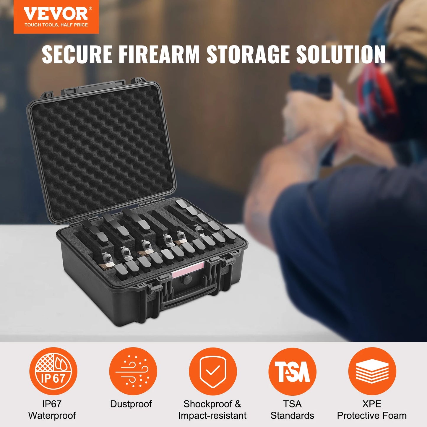VEVOR Hard Pistol Case — Waterproof Dustproof Lockable Gun Case with Pre-Cut PU Foam for 1/2/5/6 Pistols