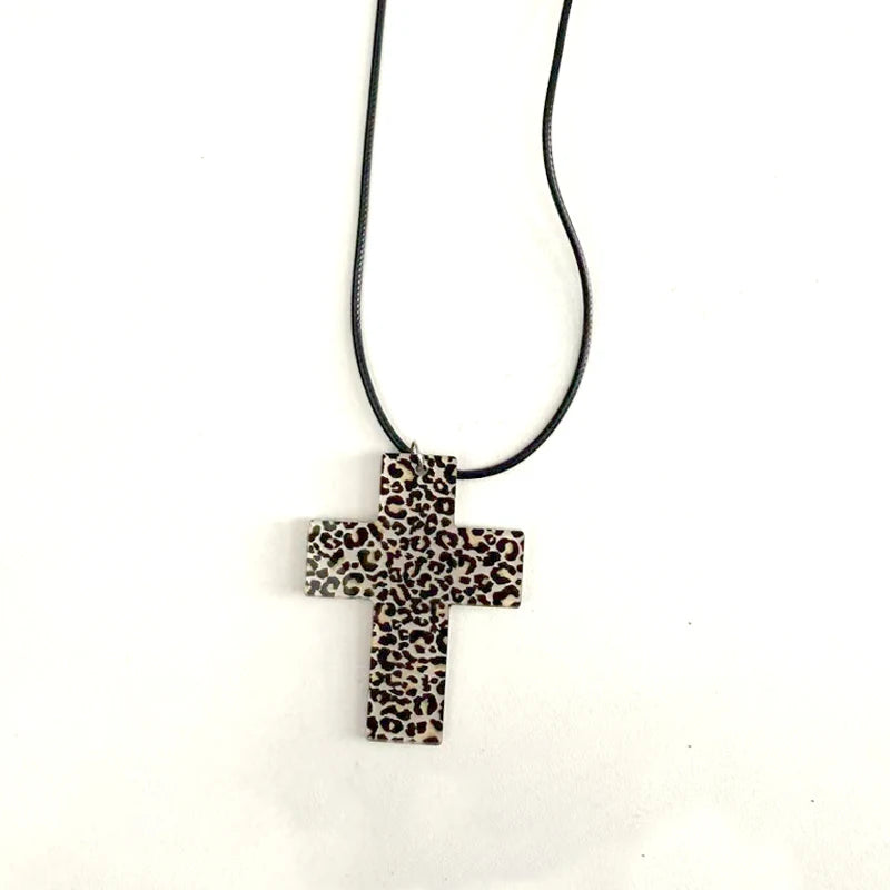 Y2K Leopard Zebra Cross Necklace - Kawaii Goth Punk Acrylic Jewelry for Women