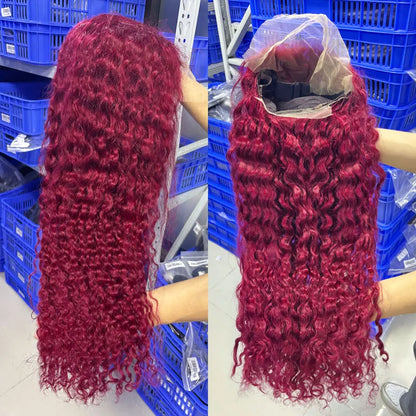99J Burgundy Deep Wave Lace Front Wig – High Density Curly Red 13x6 HD Transparent Frontal Human Hair