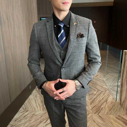 Men’s British Korean Plaid Three-Piece Suit – Stylish Business Casual Set with Blazer, Vest & Trousers