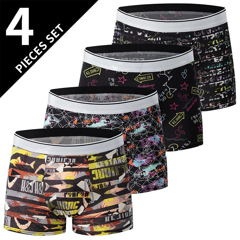 4-Piece Men's Fashion Boxer Shorts – European & American Size, Comfortable & Breathable Plus Size with Elastic Waist