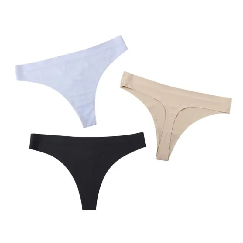 3PCS Ice Silk Seamless Thong Set for Women – Solid Low Rise Sexy G-String Sports Underwear, S-XL Sizes