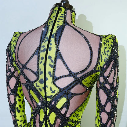 Sexy Sparkly Green Rhinestone Bodysuit – Stage Dance Costume for Party, Bar Show, Drag Queen, Cosplay & Halloween