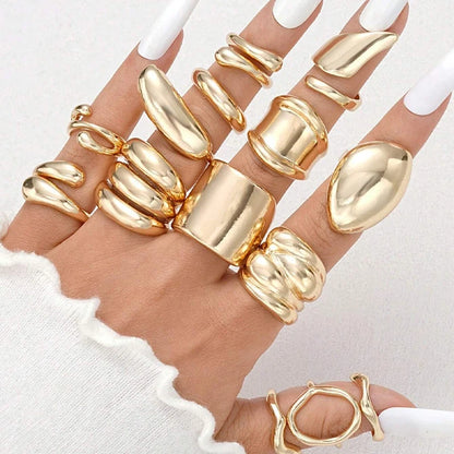 14pcs Gold Geometric Rings Set for Women – Wide Face Smooth Asymmetrical Fashion Jewelry Gift