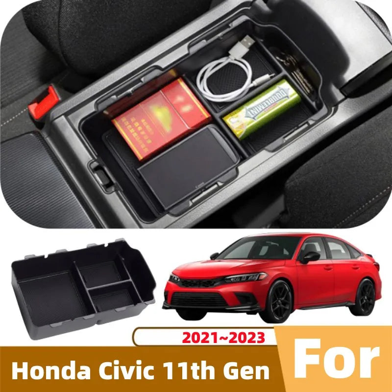 Honda Civic 11th Gen 2021–2023 Central Armrest Storage Box – Black Interior Organizer Tray for Car Console Storage