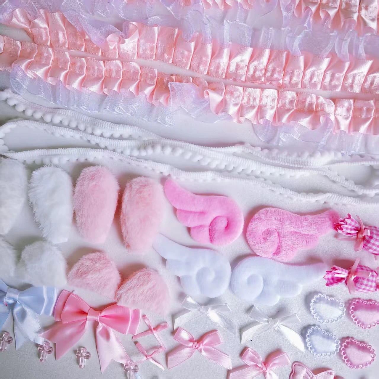 40Pcs Lace Handmade Craft Kit - Plush Bunny Ears Angel Wings Heart Star Clothing Accessories Set