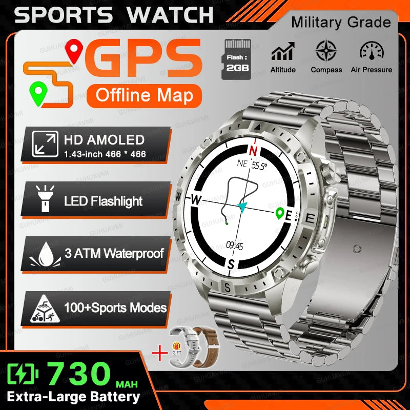 All-Terrain GPS Sports Smartwatch - Offline Maps, Altimeter, Barometer, Compass, 3ATM Waterproof & 730mAh Battery