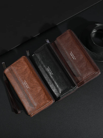 Men's PU Leather Zipper Handbag - Large Capacity Long Wallet Clutch with Phone Bag, Multi-Card Holder and Coin Purse