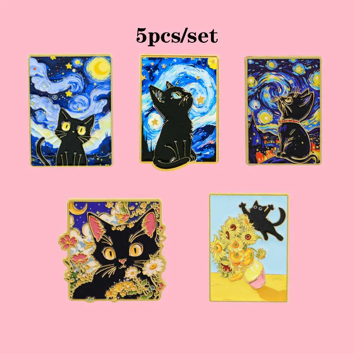 5-Piece Van Gogh Art Black Cat Enamel Pin Set - Cartoon Metal Brooches for Backpacks, Clothing, and Art Lovers’ Gifts