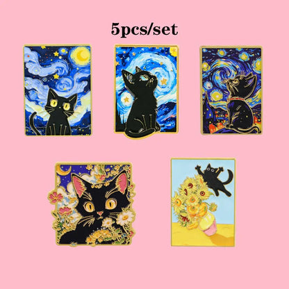 5-Piece Van Gogh Art Black Cat Enamel Pin Set - Cartoon Metal Brooches for Backpacks, Clothing, and Art Lovers’ Gifts