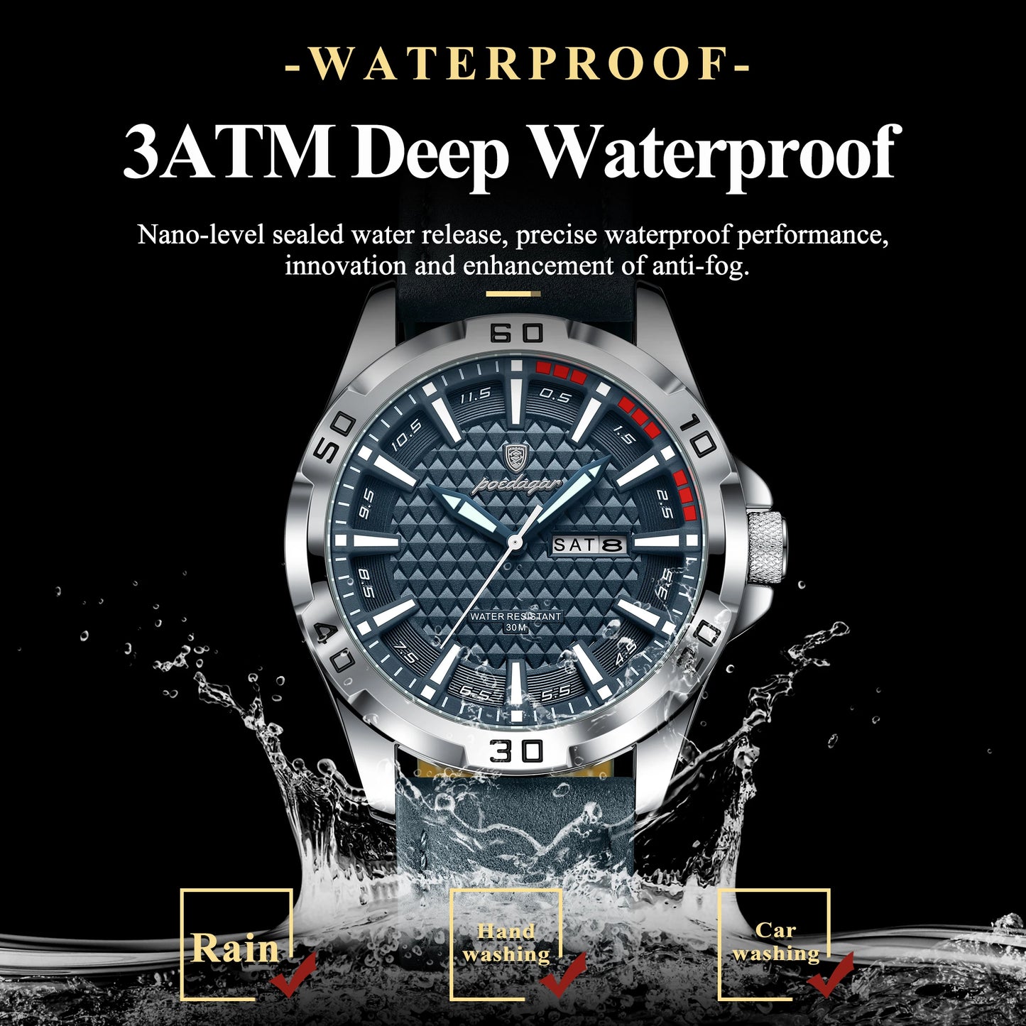 POEDAGAR Men’s Luxury Wristwatch – Waterproof Quartz Sport Watch with Luminous Hands, Date & Week Display, Leather Strap