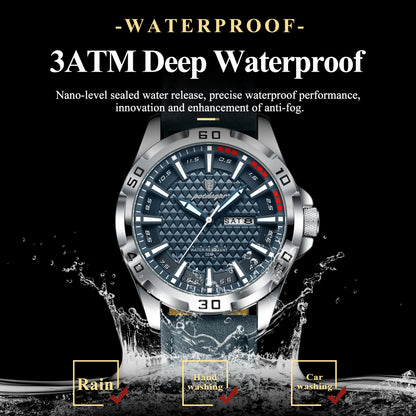 POEDAGAR Men’s Luxury Wristwatch – Waterproof Quartz Sport Watch with Luminous Hands, Date & Week Display, Leather Strap