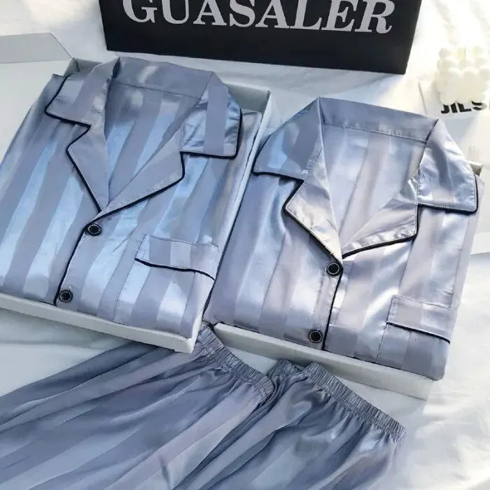 Women's Plus Size Satin Pajamas Set – Elegant Striped Long Sleeve Button-Up Top and Pants Loungewear