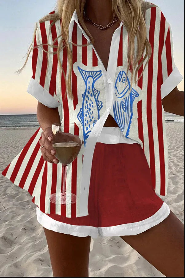Women’s Summer 2-Piece Set – Lapel Short-Sleeve Shirt & Shorts, Elegant Loose Printed Outfit