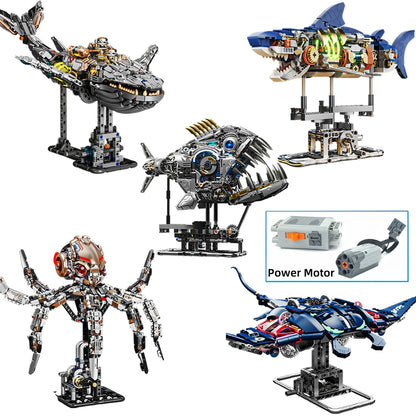 Mechanical Sea Animal Building Blocks Toy – Whale Shark, Octopus, Piranha & Manta Ray with Motor and Lights for Kids