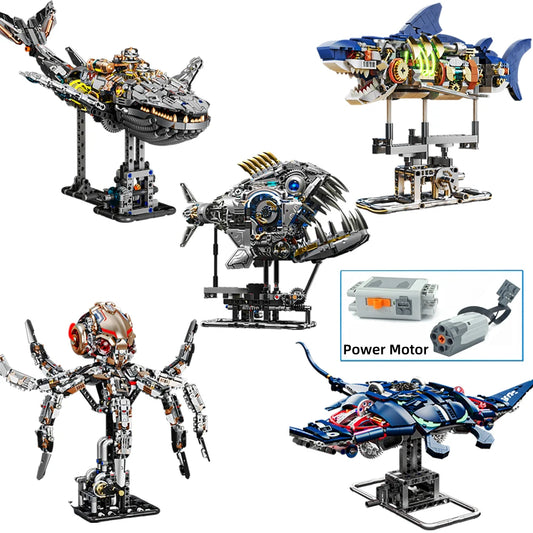 Mechanical Sea Animal Building Blocks Toy – Whale Shark, Octopus, Piranha & Manta Ray with Motor and Lights for Kids