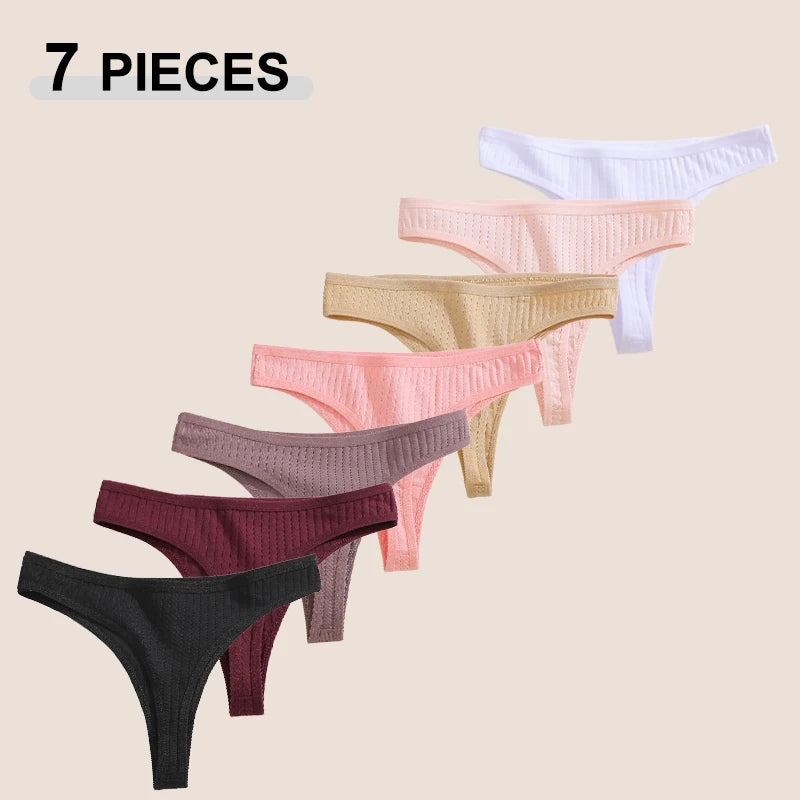 7Pcs Women’s Cotton Thong Set - Seamless Breathable Low Waist Bikini G-String Panties Sexy Lingerie S-XL