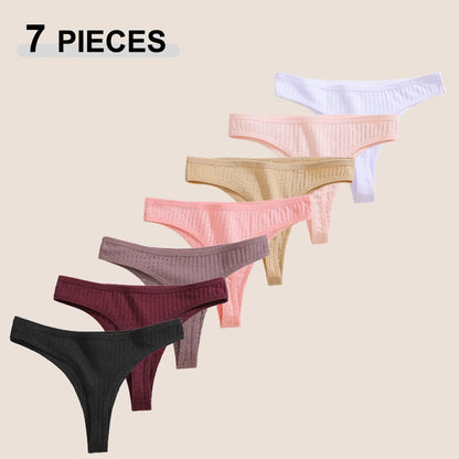 7Pcs Women’s Cotton Thong Set - Seamless Breathable Low Waist Bikini G-String Panties Sexy Lingerie S-XL