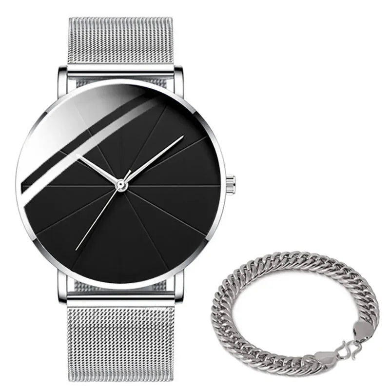 Men’s Minimalist Ultra-Thin Quartz Watch – Stainless Steel Mesh Band Business Fashion Wristwatch