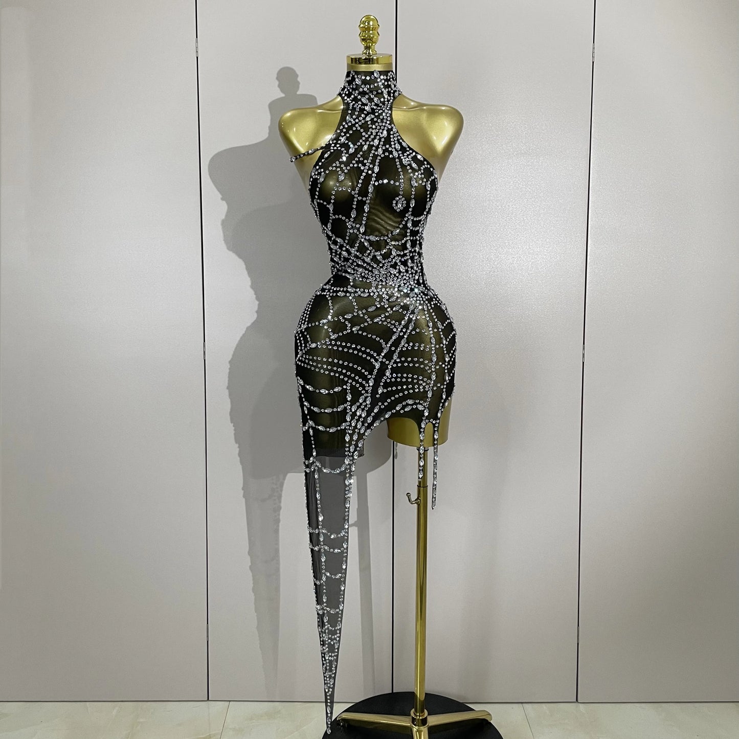 Sparkly Diamond Mesh Asymmetric Bodycon Mini Dress — Sexy Women Nightclub Party Gogo Dancer Stage Costume