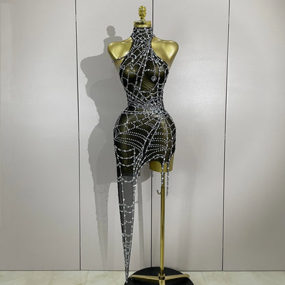 Sparkly Diamond Mesh Asymmetric Bodycon Mini Dress — Sexy Women Nightclub Party Gogo Dancer Stage Costume