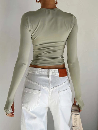 Stylish Women's Long Sleeve Crew Neck Crop Top | Solid Slim Fit T-shirt with Thumb Holes | Perfect for Daily Streetwear & Summer Camis