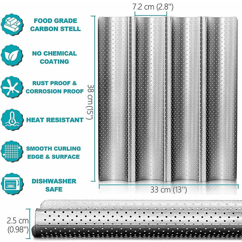 LMETJMA Nonstick Perforated French Bread Baking Pan - Carbon Steel Baguette Pan for 4 Wave Loaves, Loaf Bake Mold JT158