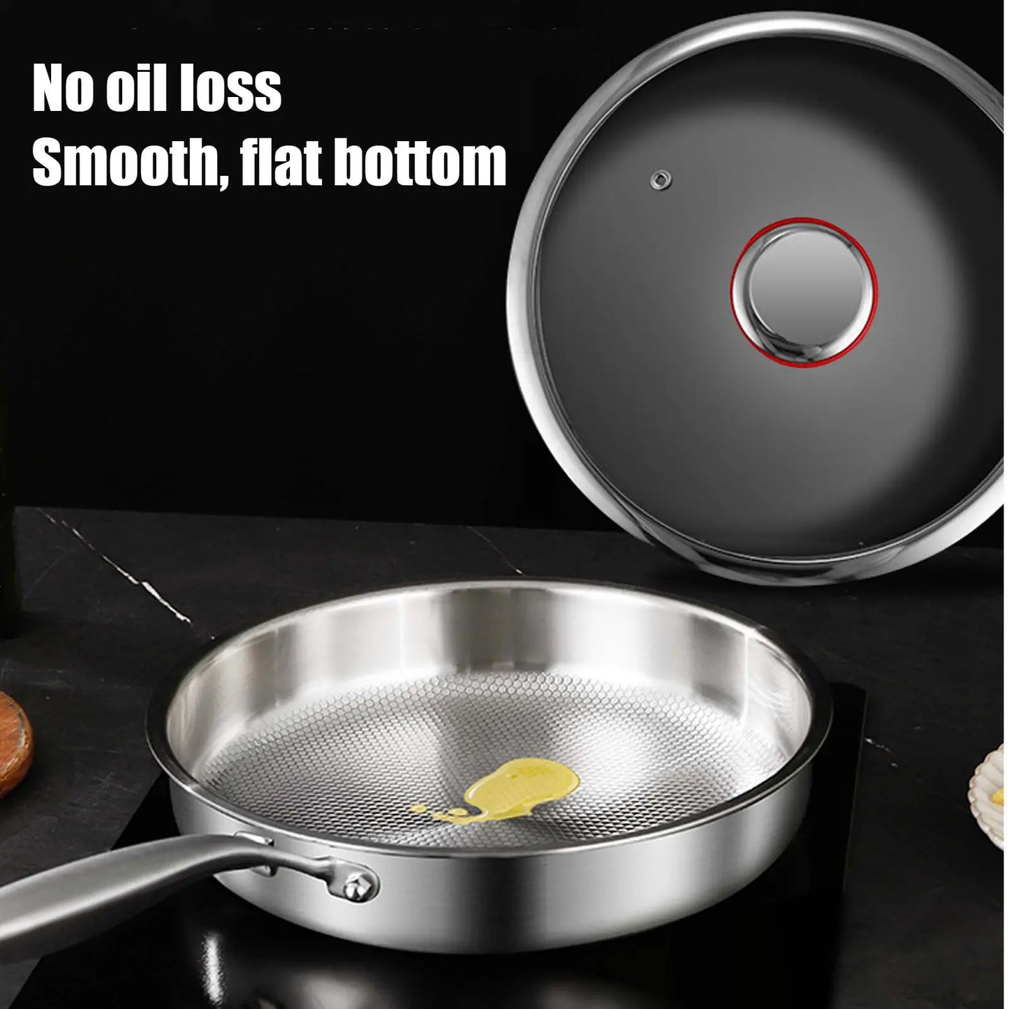 Titanium Frying Pan with Glass Lid - Non-Stick Even-Heating Stainless Steel Skillet for Kitchen Cooking, 26/28/30cm