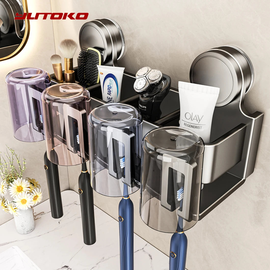 No-Drill Suction Cup Toothbrush Holder with Cup – Wall-Mounted Bathroom Storage Rack for Electric Toothbrush & Mouthwash