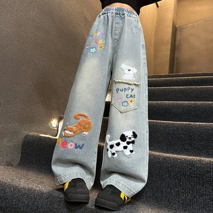 Girls’ Cartoon Embroidered Wide-Leg Jeans – Autumn Fashion Denim Pants for Kids & Teenagers, Ages 4-14