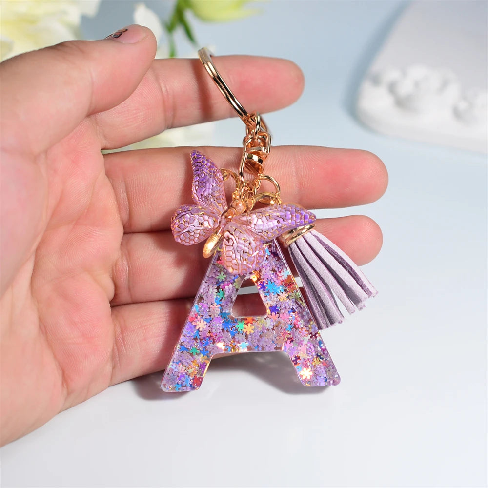 A-Z Sequin Initial Keychain - Dreamy Butterfly Tassel Pendant Bag & Purse Charm for Women