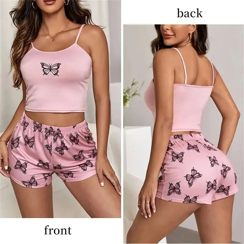 Women's 2-Piece Camouflage Pajama Set - Butterfly Print Tank Top and Casual Shorts
