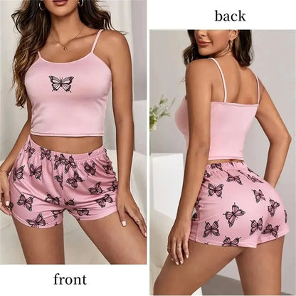 Women's 2-Piece Camouflage Pajama Set - Butterfly Print Tank Top and Casual Shorts