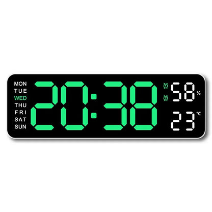 9-Inch Digital Wall Clock — USB Powered LED Table Clock with Temperature, Humidity, Week Display, Auto Dimmer, DST, 12/24H & Alarm