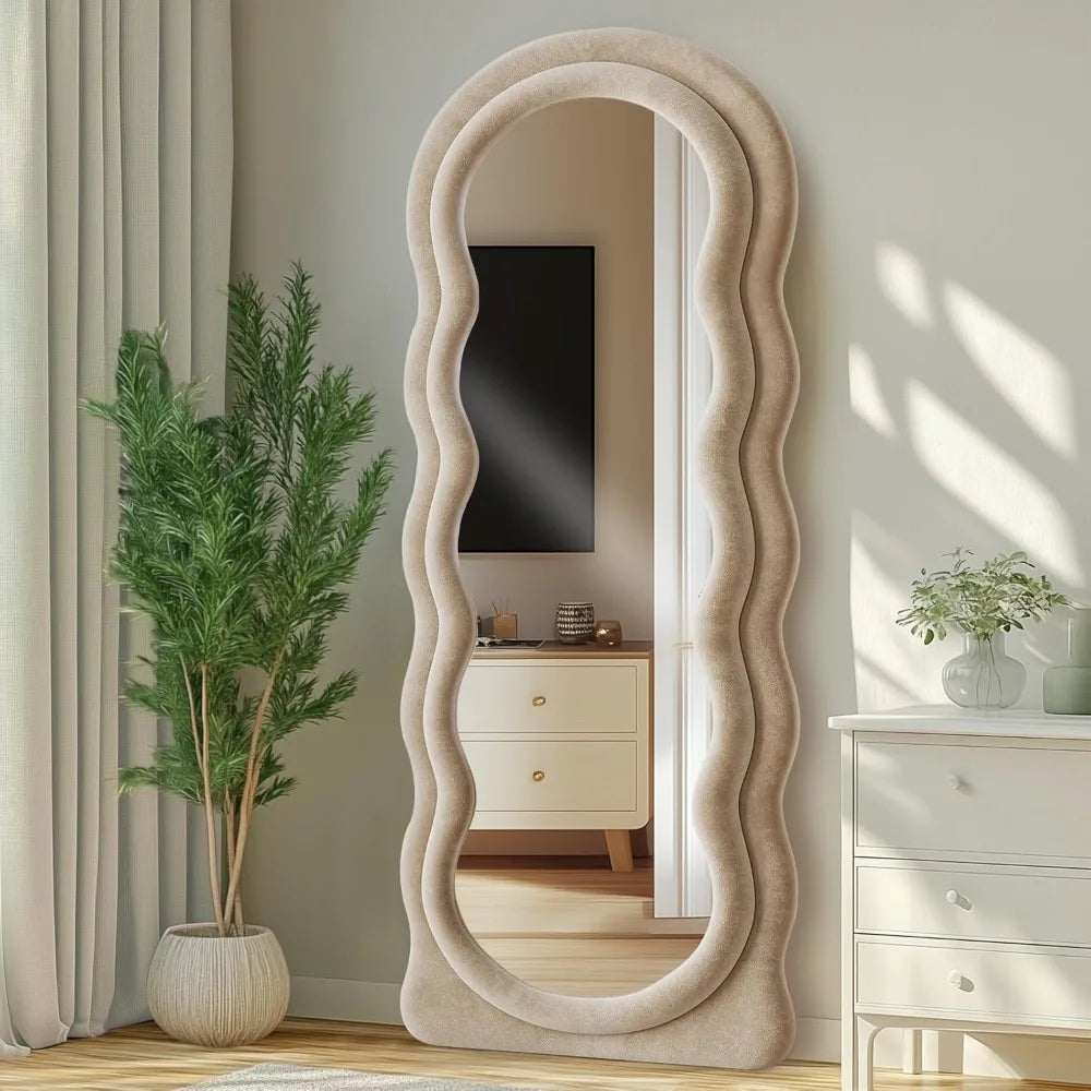 Full-Length Arched Floor Mirror – 63"x24" Wavy Full Body Mirror with Stand, Wall Mounted Leaning Milk Tea Flannel Frame
