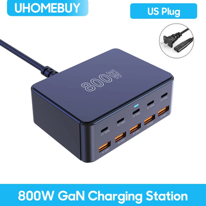 800W USB-C GaN Fast Charger - 100W PD3.0 PPS QC3.0 Multiport Charging Station for iPhone, Samsung & Laptops