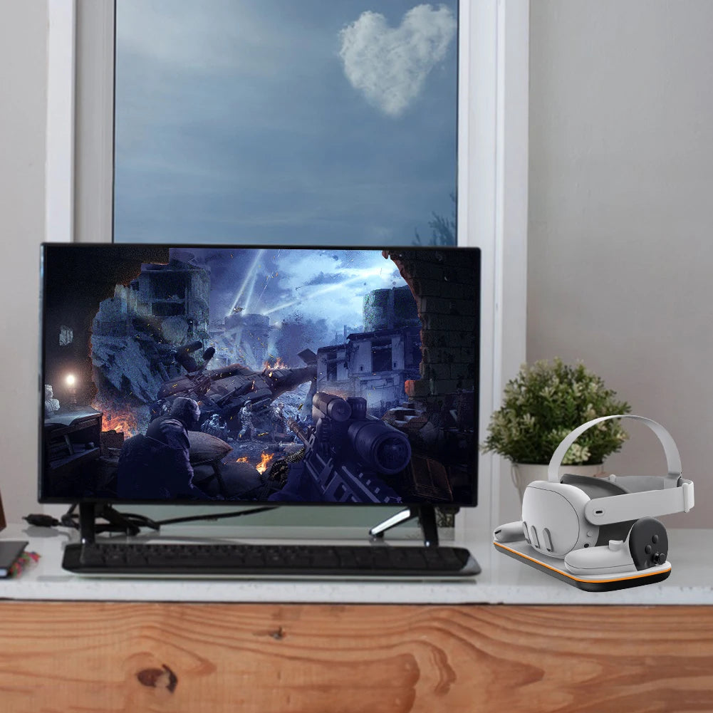 VR Headset Controller Charging Dock for Meta Quest 3 — Cradle with 2 Rechargeable Batteries & USB-C Cable