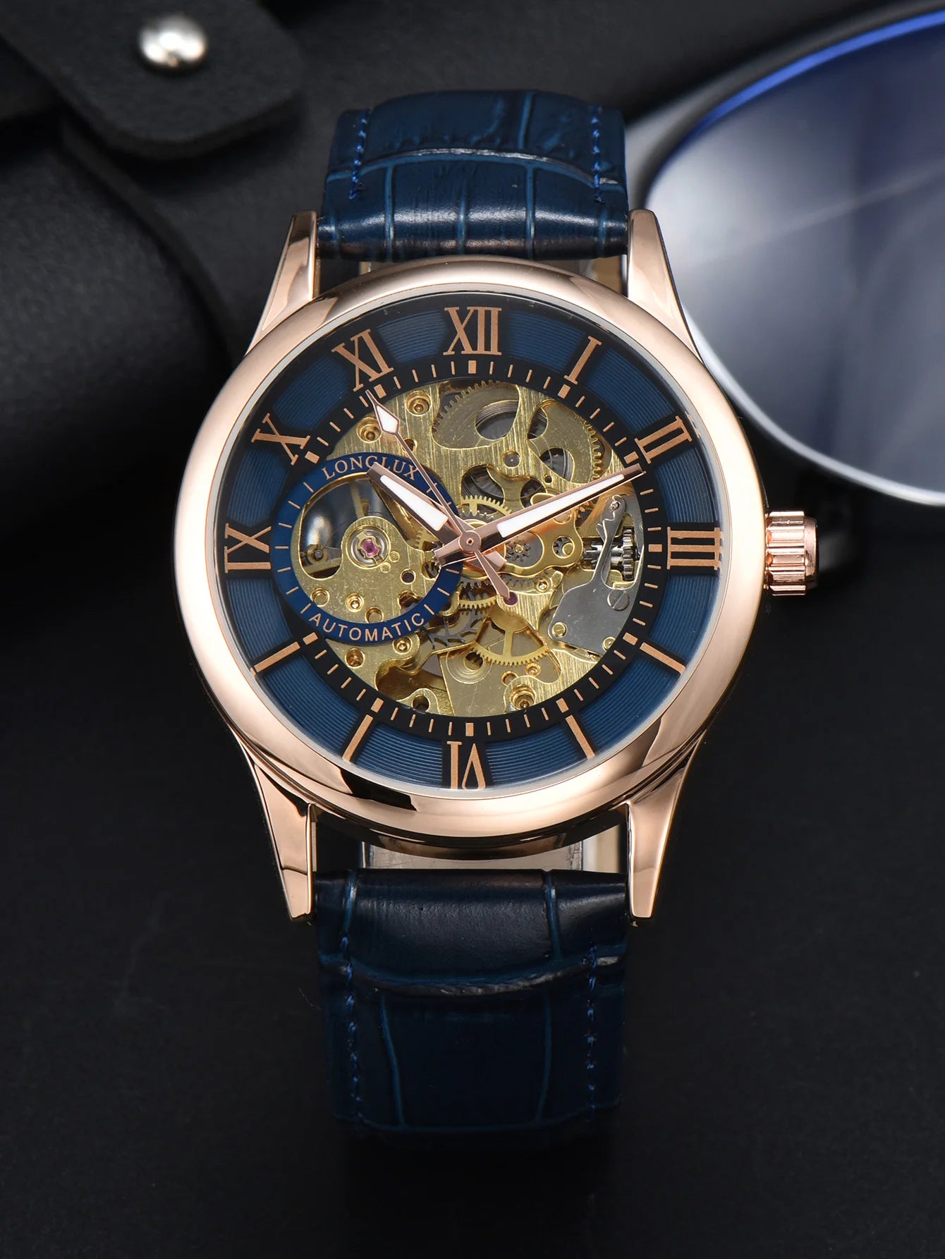 LONGLUX Rome Automatic Mechanical Waterproof Men’s Watch – Hollow Dial Leather Wristwatch Gift
