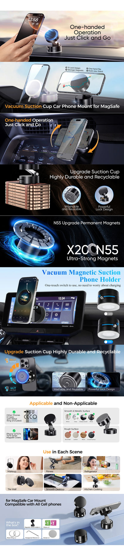 Ultra Magnetic Foldable Car Phone Mount – 360° Rotation Dashboard Holder with Vacuum Suction Cup & GPS Stand