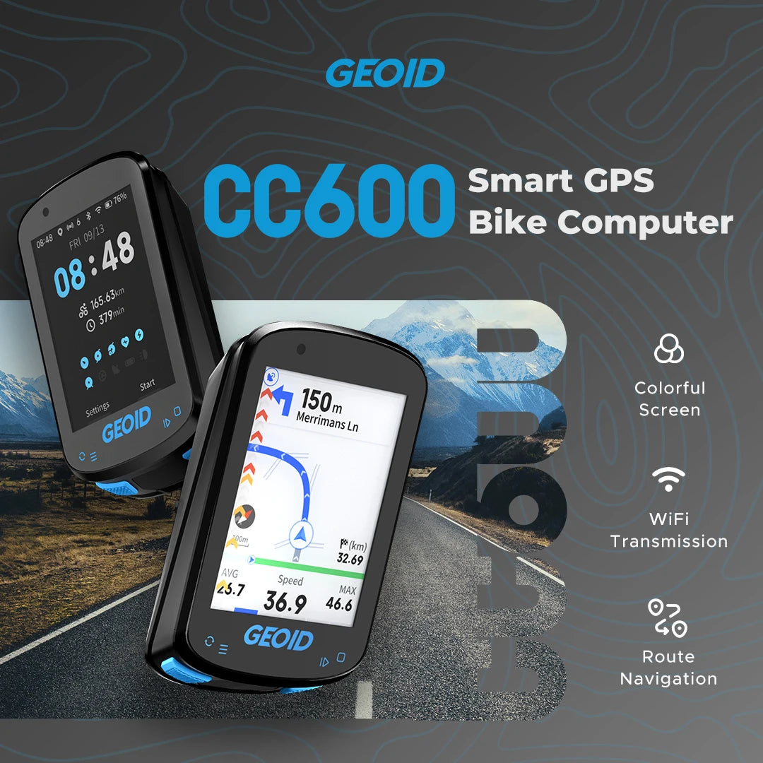 GEOID CC600 Bike Computer – Color Screen Smart GPS Speedometer with Wireless ANT+, WIFI, 11 Languages & Cycling Odometer