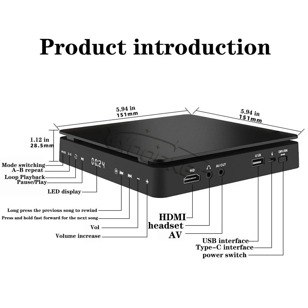 Woopker HD DVD Player – HDMI & AV Connection, USB Input, Headphone Output, LED Touch Screen, 1080P Type-C 5V/2A