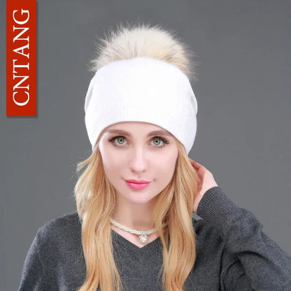 Autumn Winter Knitted Wool Hat for Women – Fashion Pompon Beanie with Genuine Raccoon Fur, Warm and Stylish Cap