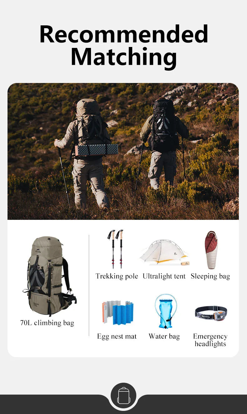 Naturehike 70L Camping Backpack — Large Capacity Ergonomic Hiking & Trekking Bag for Men with Rain Cover